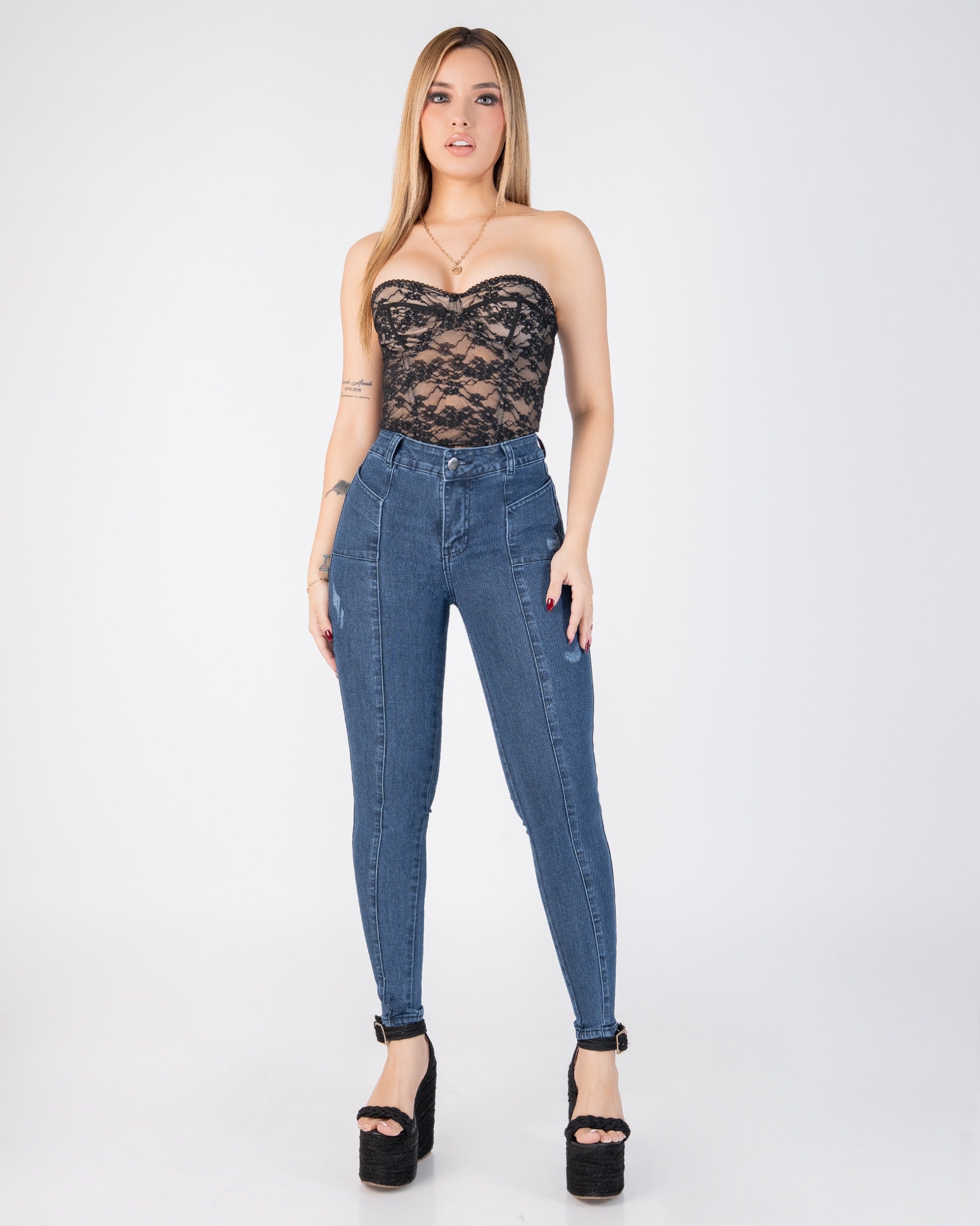 Jean Skinny Stretch Tiro Alto Costuras Diagonales REF SK4132