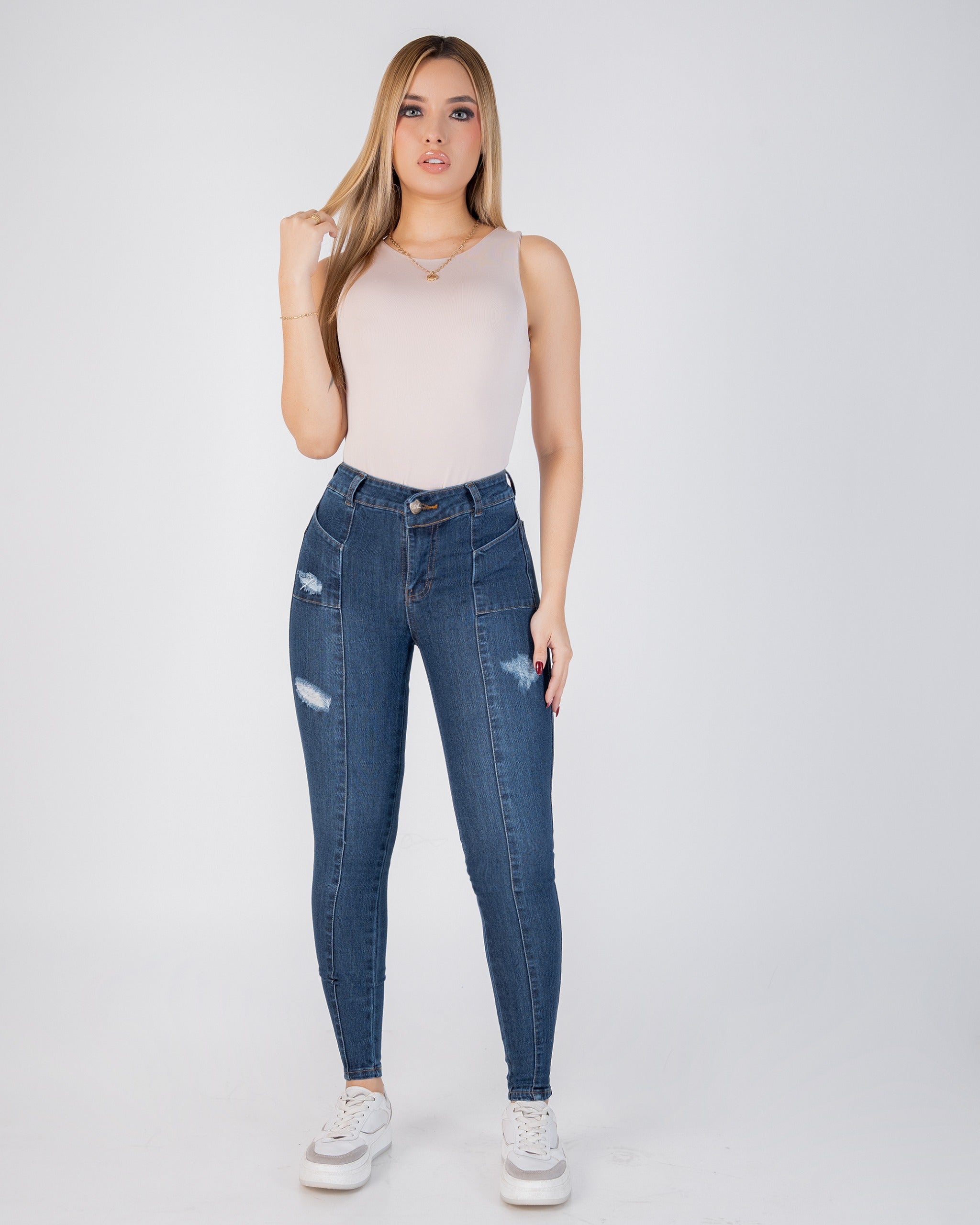 Jean Skinny Stretch Tiro Alto Destroyed Costuras REF SK4131