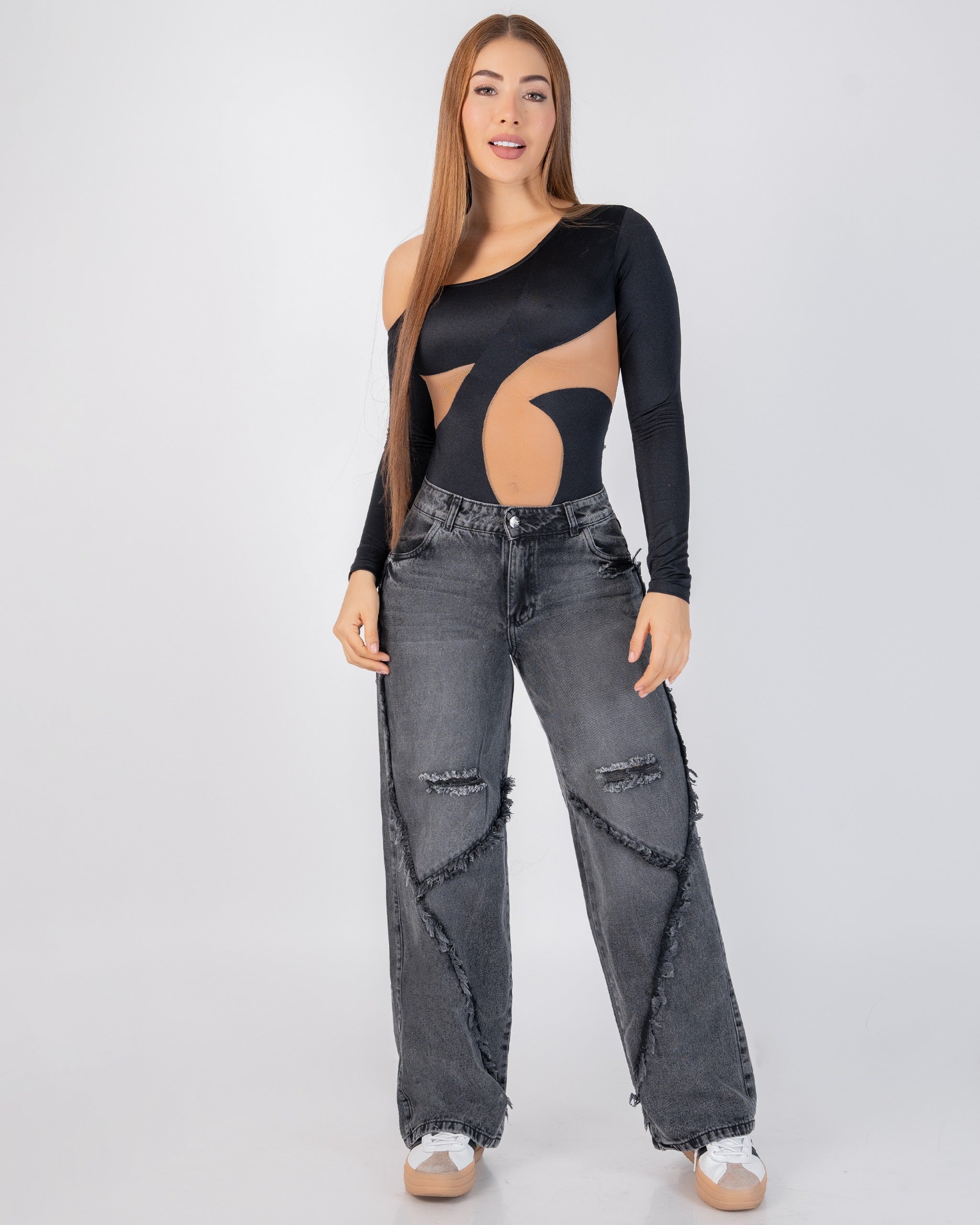 Jean Wide Leg Denim Rígido Gris Destroyed REF R4139
