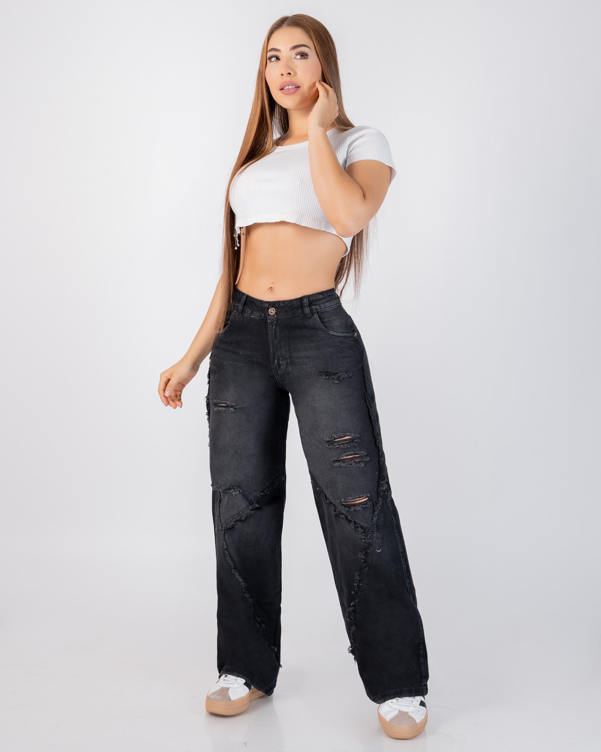 Jean Wide Leg Denim Rígido Negro Destroyed REF R4140