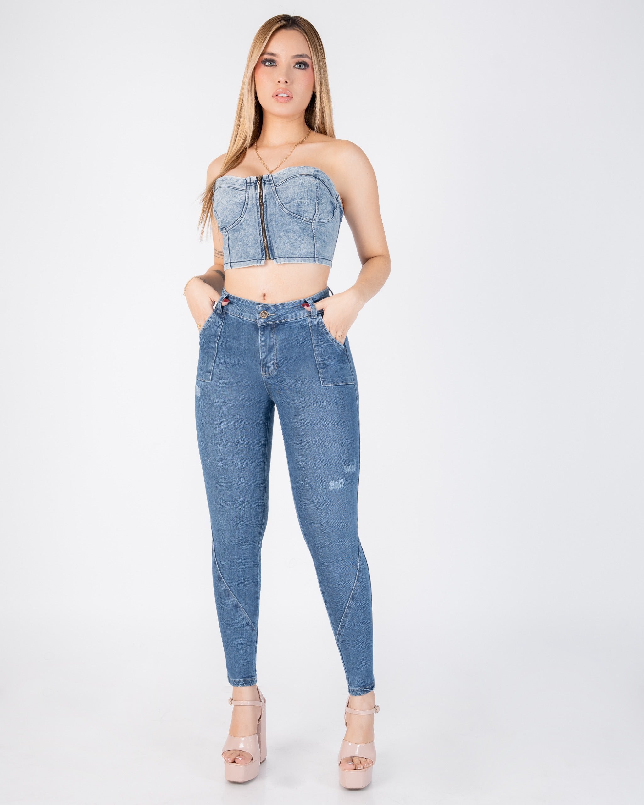 Jean Skinny Stretch Tiro Alto Bolsillos Cargo REF SK4133